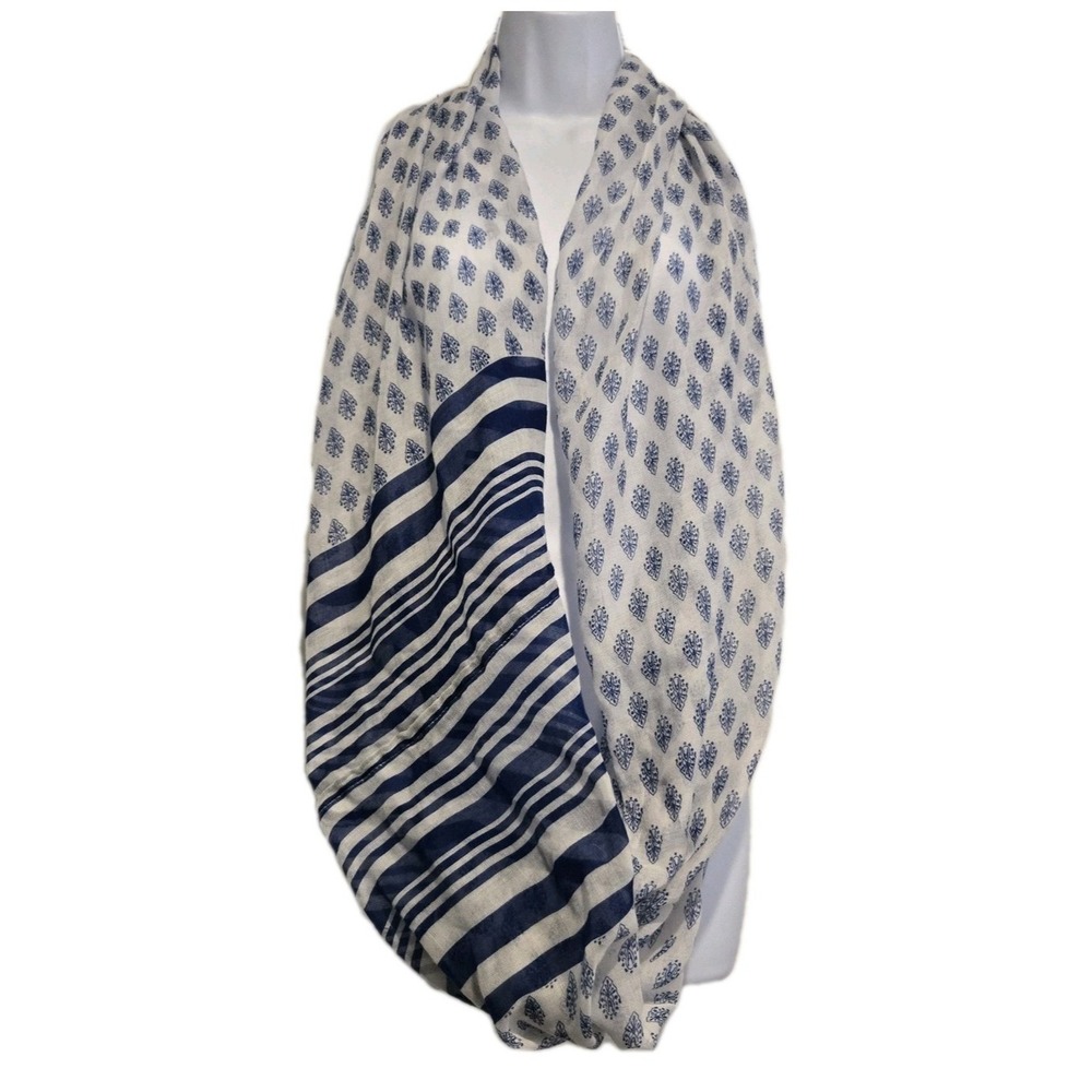 Infinity Double Print‎ Women's Scarf Stripes Medallions Blue White 70" X 25"